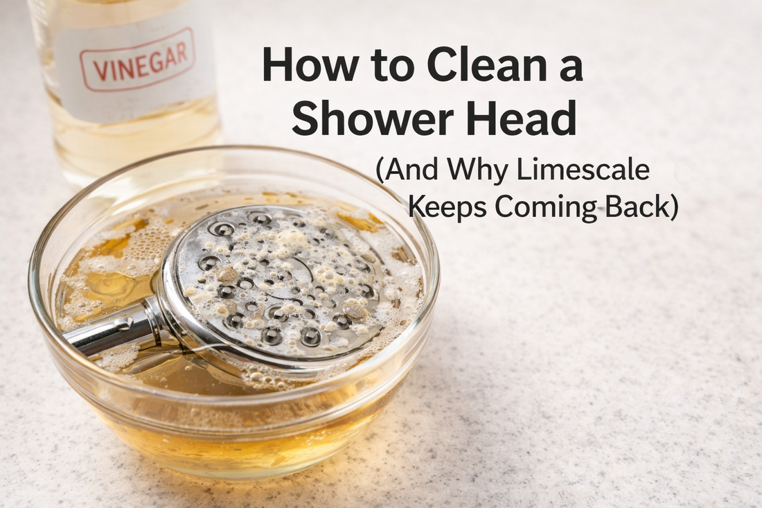Shower head soaking in vinegar to remove limescale deposits