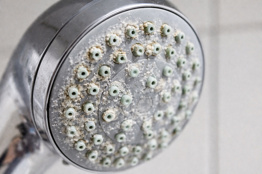 Limescale build-up blocking the spray nozzles of a chrome shower head