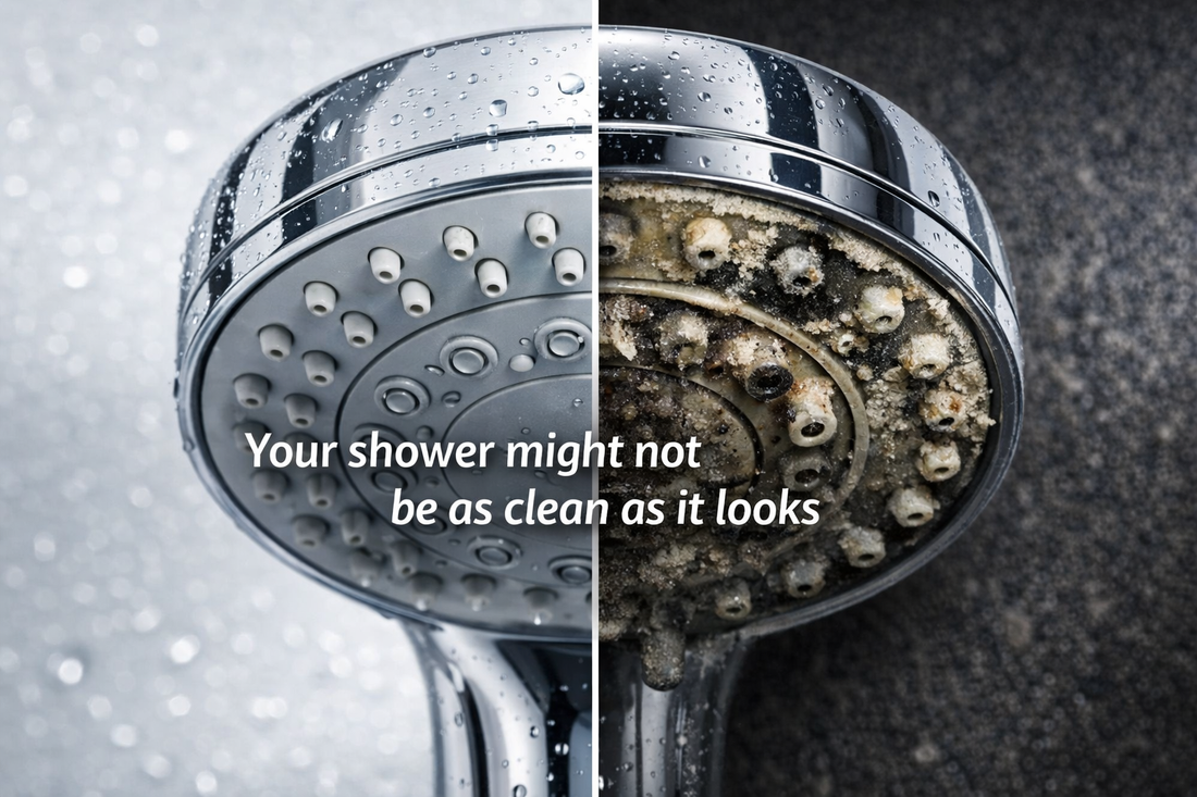 Close-up of shower head showing limescale build-up and residue around spray nozzles