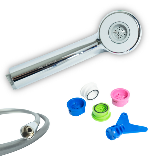 Chrome handheld shower with multiple nozzles on a white background
